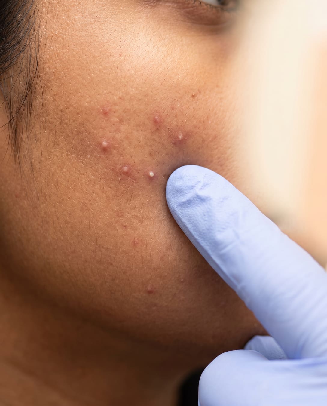 Close-up of acne on Indian skin being examined during treatment