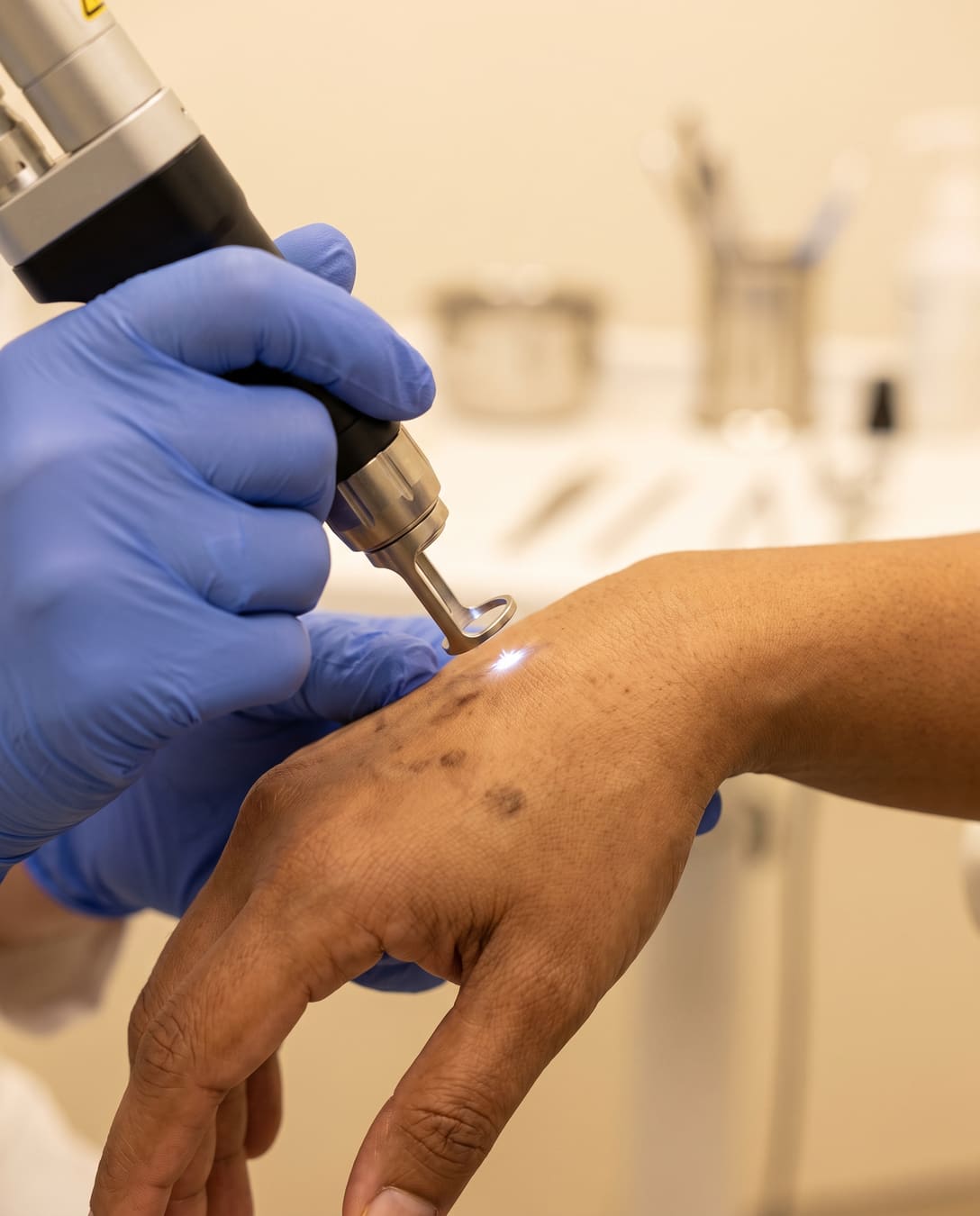 Laser handpiece treating dark pigmentation spots on the skin